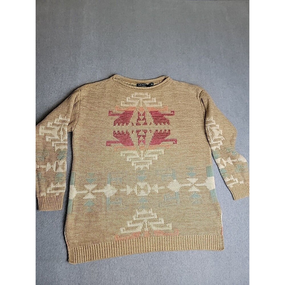 LRL Sweater Womens L Brown Green Pullover Cotton Linen Knit Aztec Preppy Cottage - Picture 5 of 15
